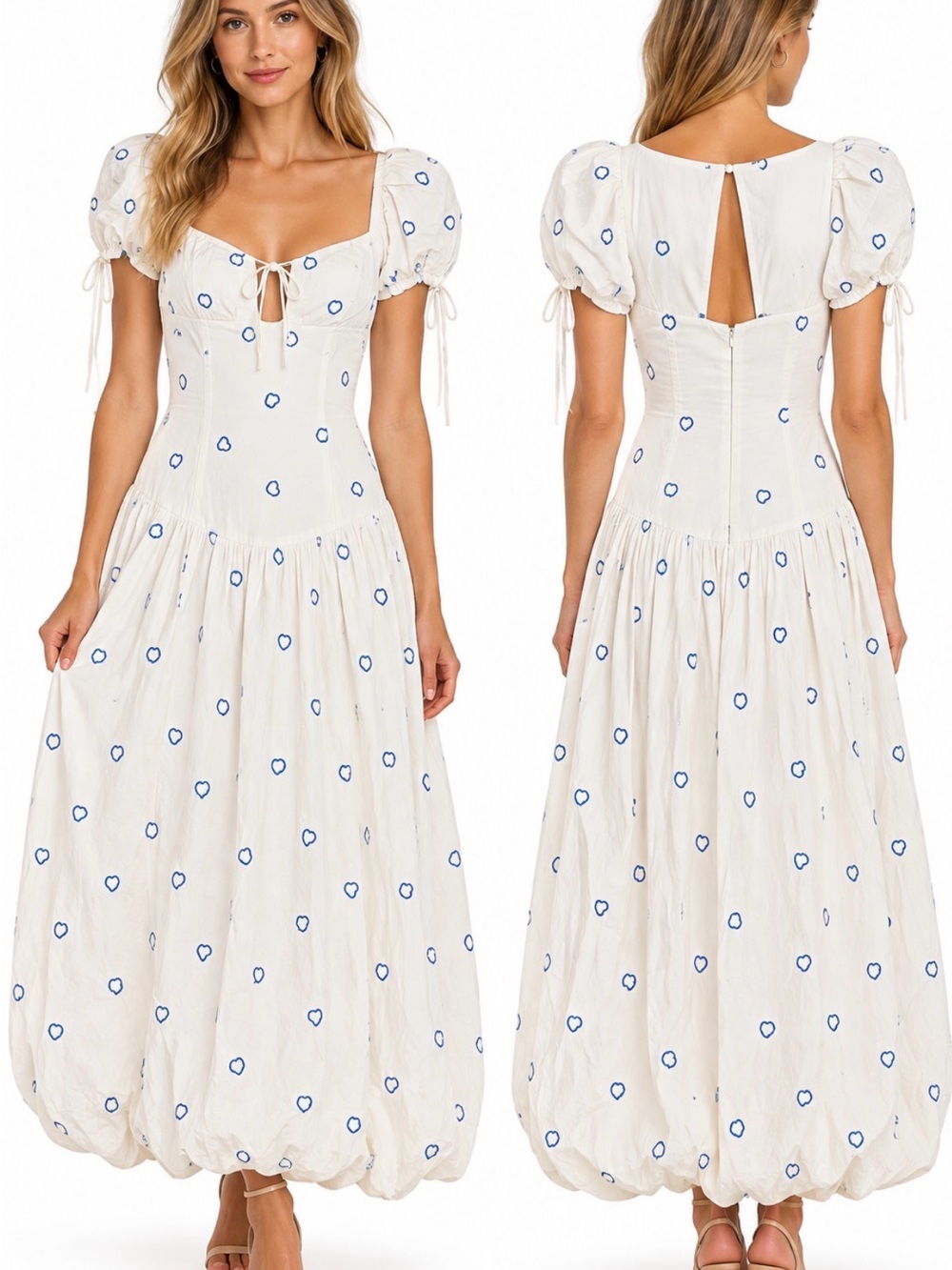 Free People Bali Sprinkled Heart Puff Sleeve Cotton Maxi Dress NWT Size 2